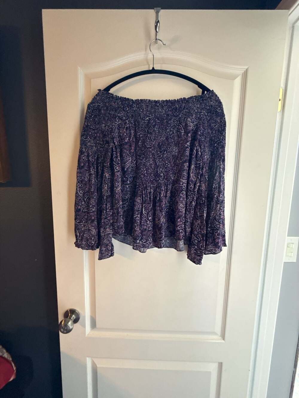 Lily Star Women's Off-the-Shoulder Paisley Print Long Sleeve Smocked Blouse
